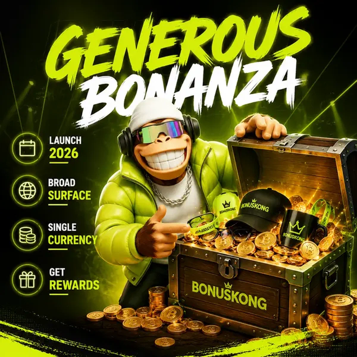 BonusKong-Belohnungstruhe überquellend mit Festival-Bonus-Coins und Krypto-Schätzen