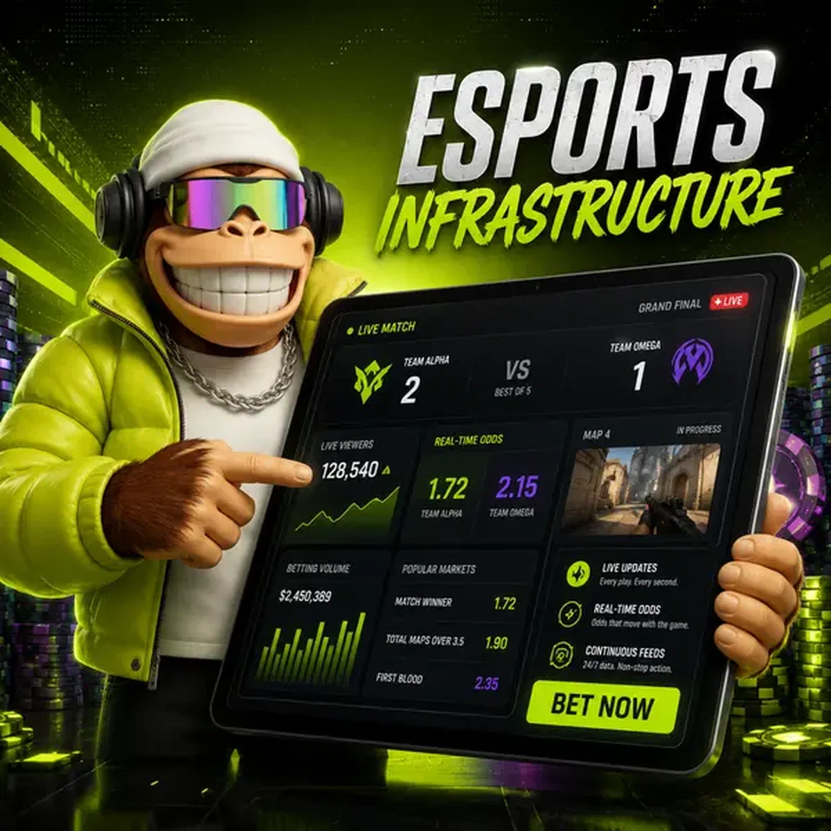BonusKong zeigt auf futuristisches Esports-Wetten-Tablet mit leuchtenden Echtzeit-Datenfeeds