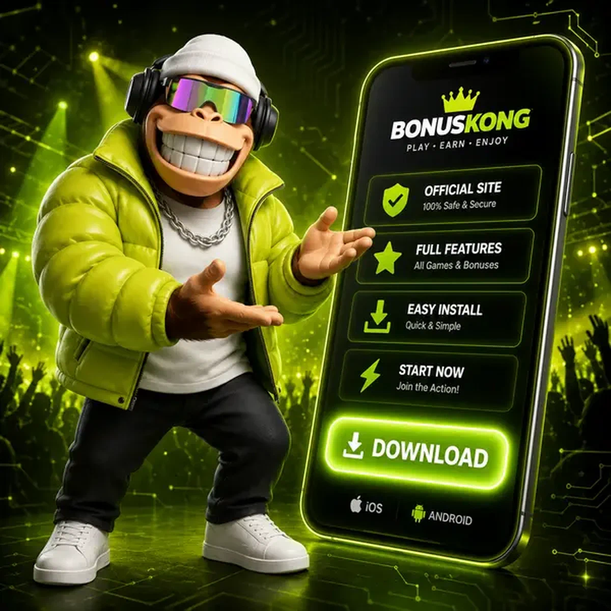 BonusKong Mobile App leuchtet auf Smartphone-Bildschirm bereit zum Download