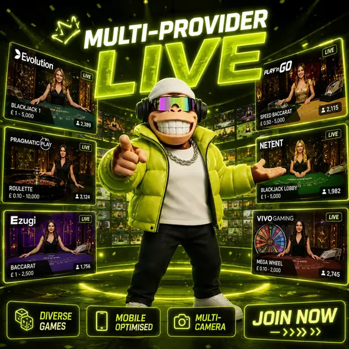 BonusKong präsentiert Live-Dealer-Optionen über mehrere Anbieter-Bildschirme im Neon-Tresor