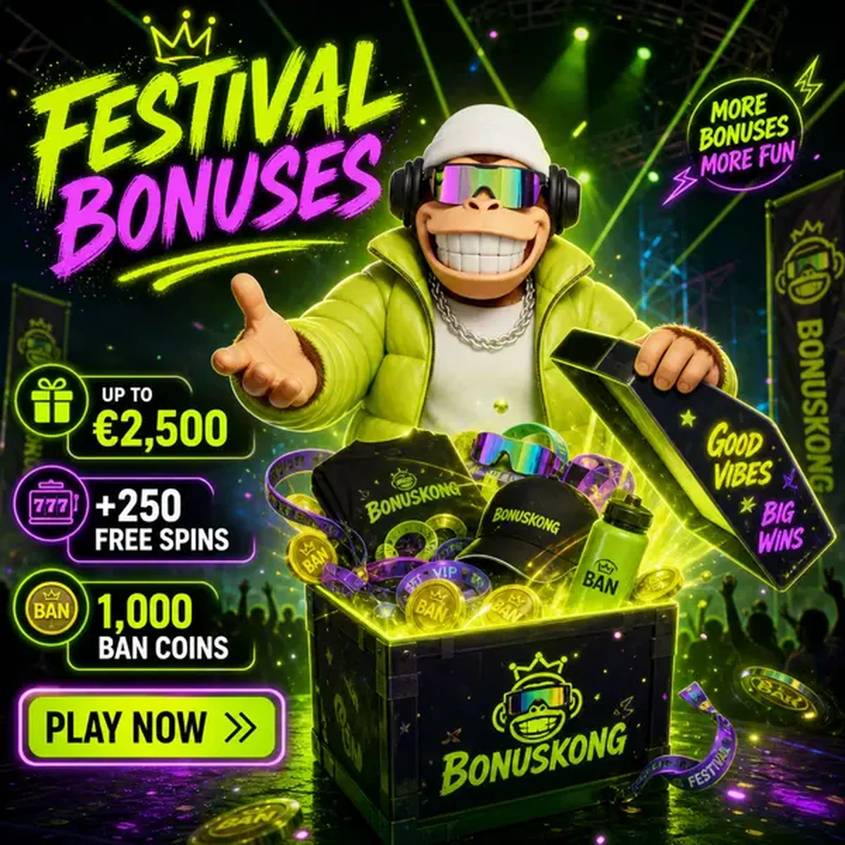 BonusKong Casino Schatztruhe überquellend mit Festival-Bonus-Coins und Promotionen