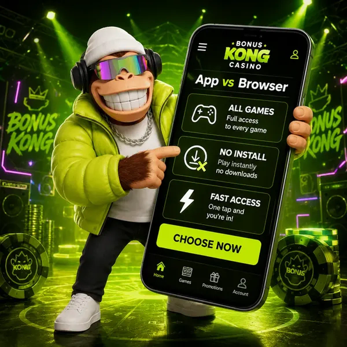 BonusKong hält Smartphone, das Mobile-App-Vorteile vs. Browser-Gaming-Optionen zeigt