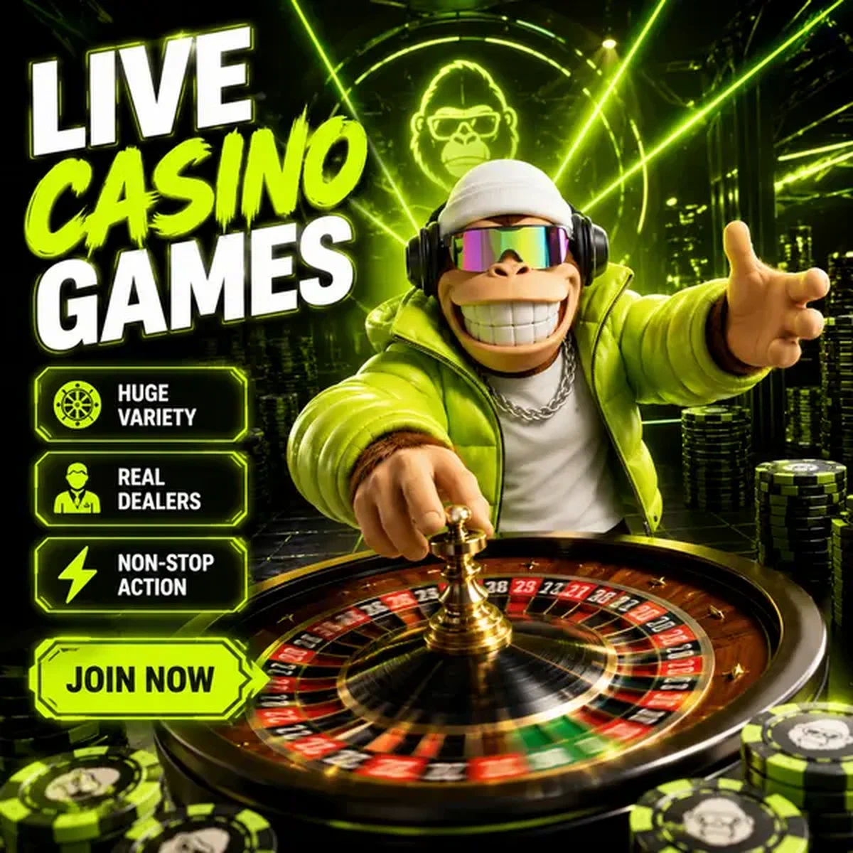BonusKong Live-Dealer dreht Roulette-Rad mit Neon-Festival-Energie