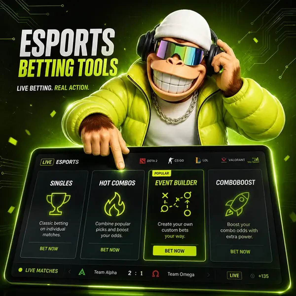 BonusKong auf Festival-Bühne mit Esports-Wetten-Tablet, das Live-Gaming-Quoten zeigt