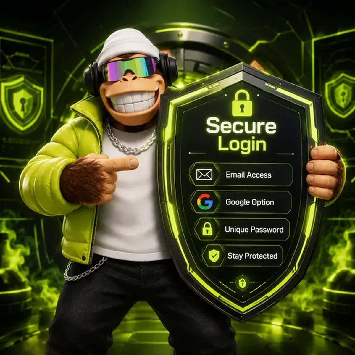 Energetisches Gorilla-Maskottchen hilft Spieler beim Login am Login-Sicherheitsfeatures und Passwort-Wiederherstellungsportal