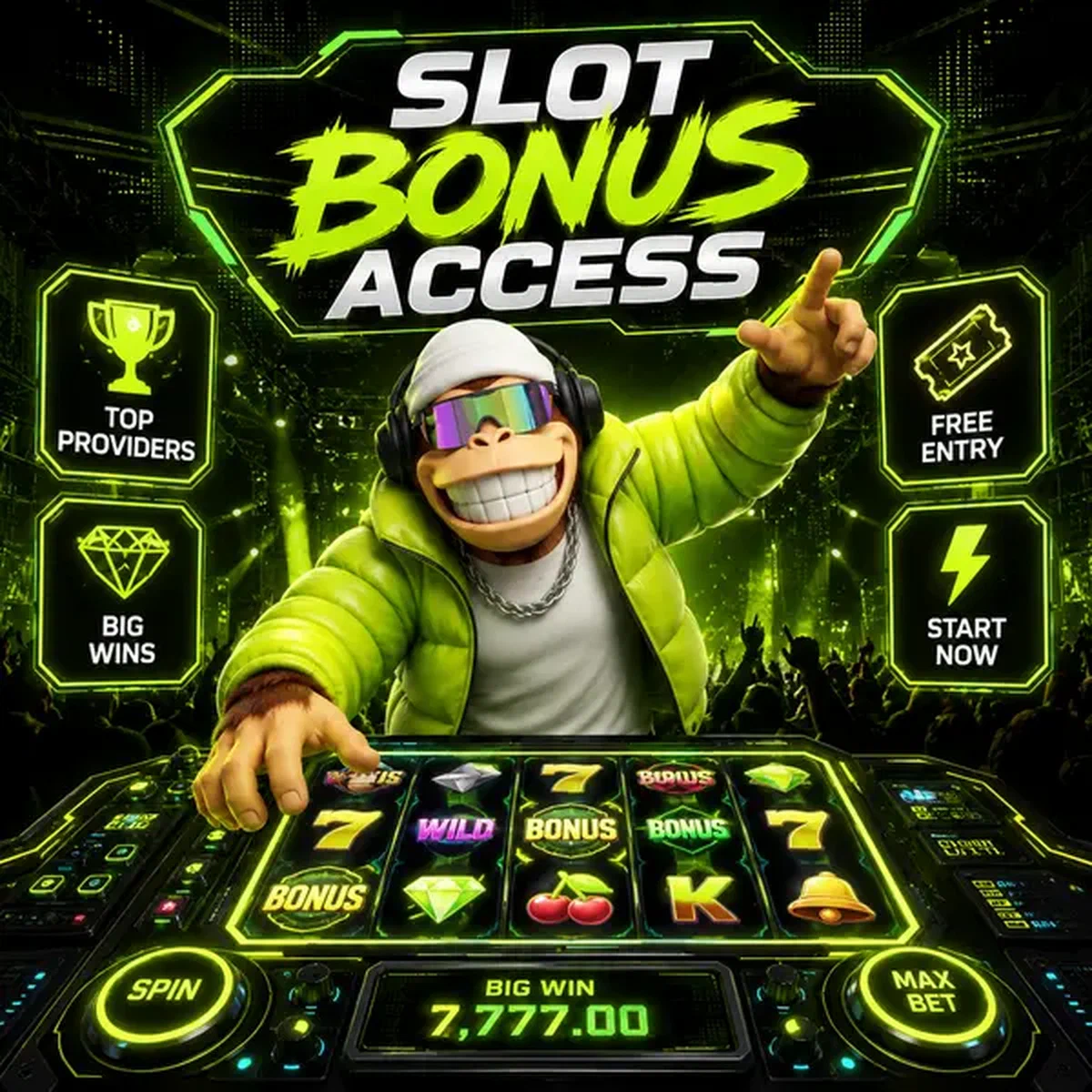 BonusKong energetischer Gorilla hält leuchtendes Tablet mit Freispielen im neonbeleuchteten Casino