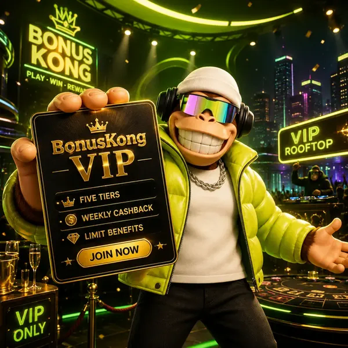BonusKong hält triumphierend goldene Krone und feiert VIP-Treueprogramm-Belohnungen