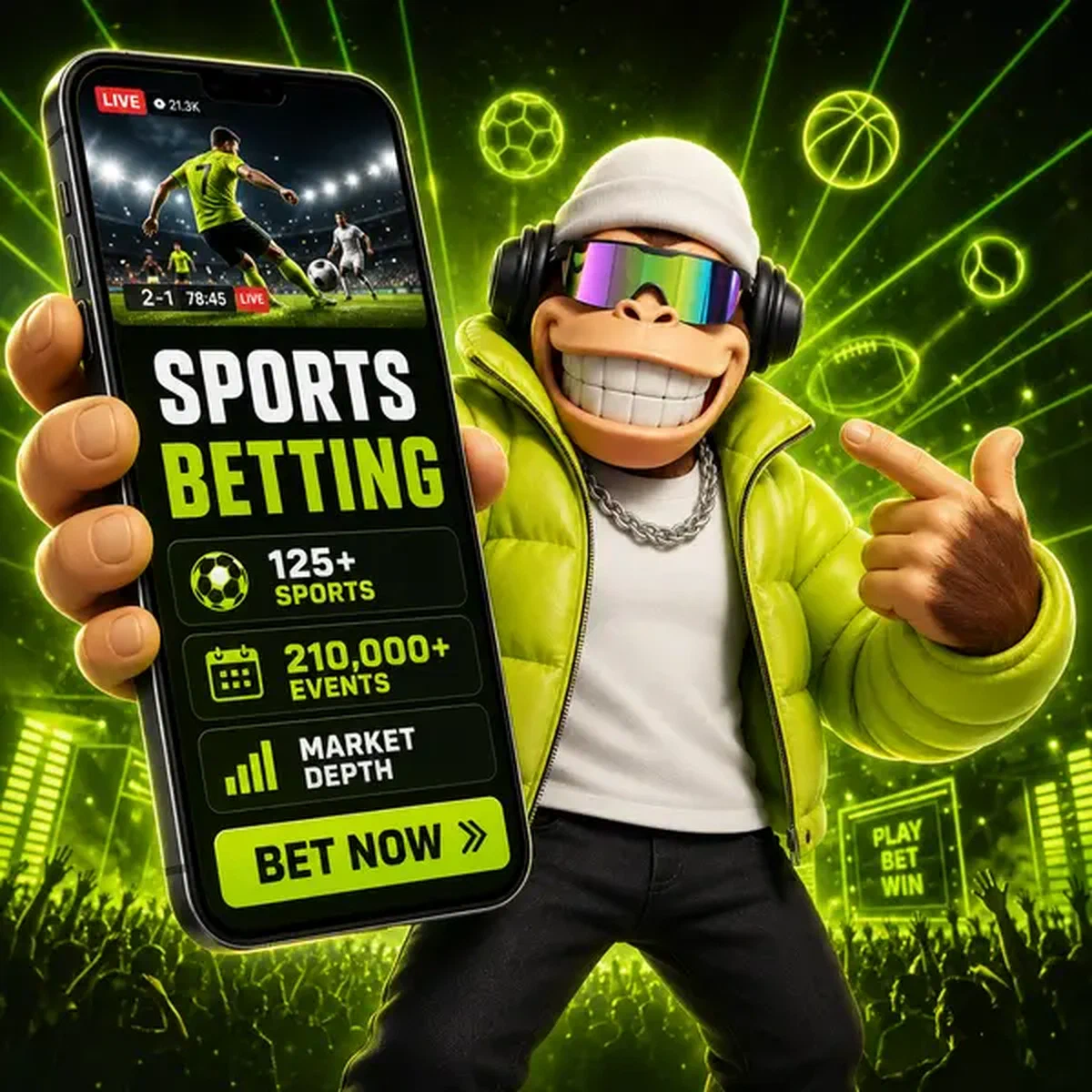 BonusKong zeigt auf Sportwetten-Quoten, die über massiven Bildschirm auf Festival-Bühne fließen